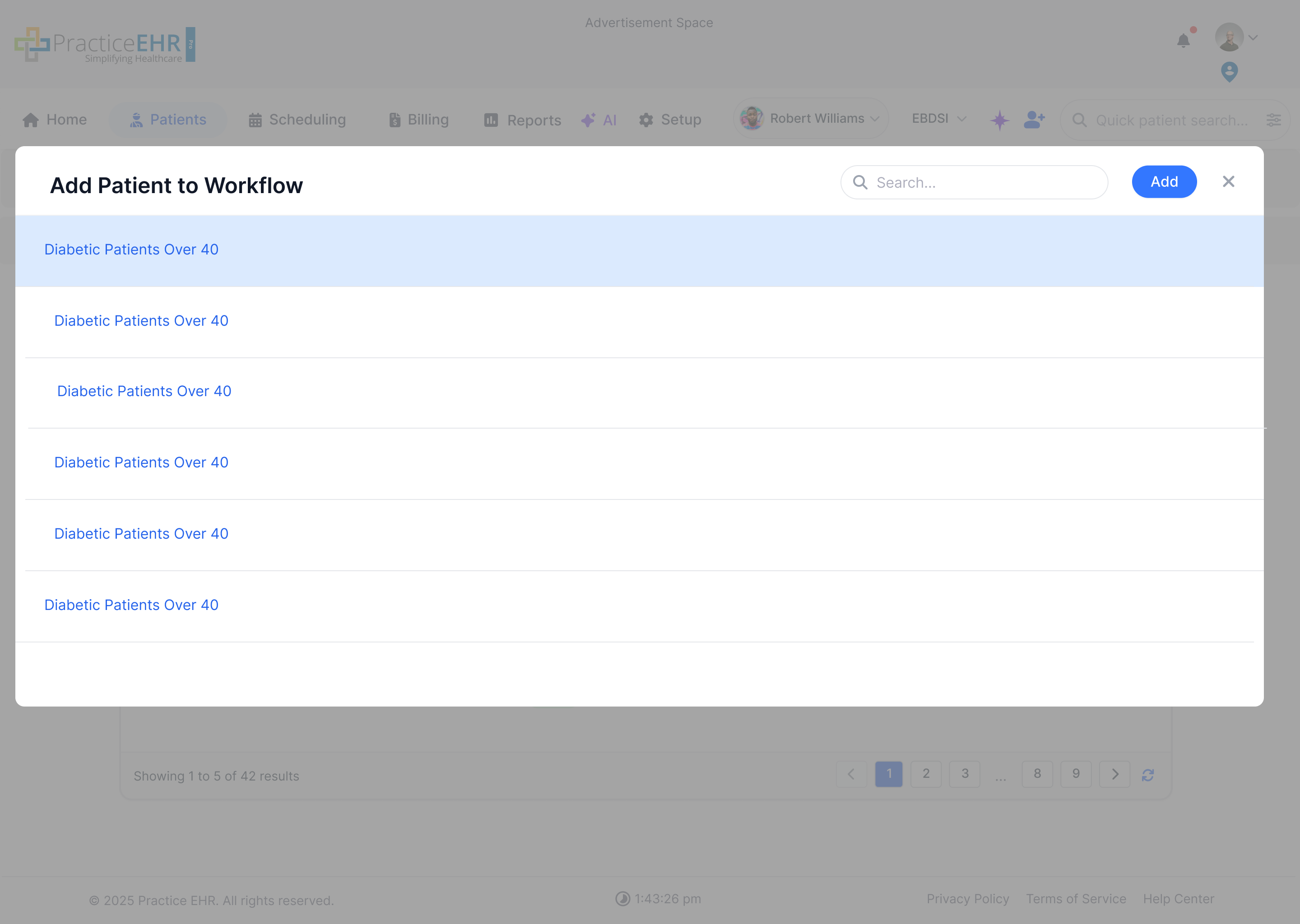 Add Patient to Workflow modal